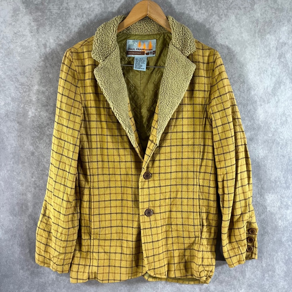 Paul Frank Outside Chore Jacket Mens Small Mustard‎ Yellow Plaid Sherpa Collar